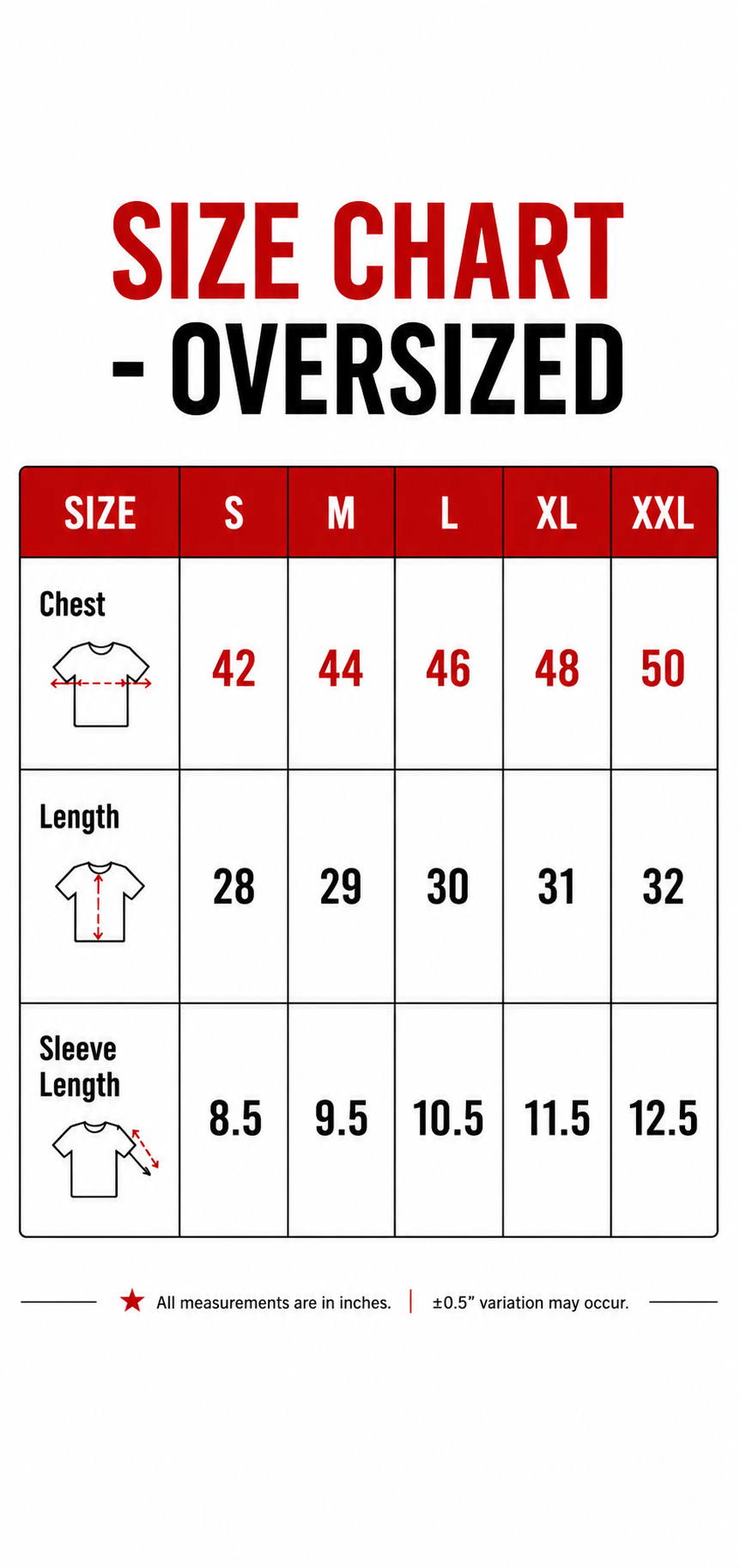 Oversized Mahadev T shirt Size Chart